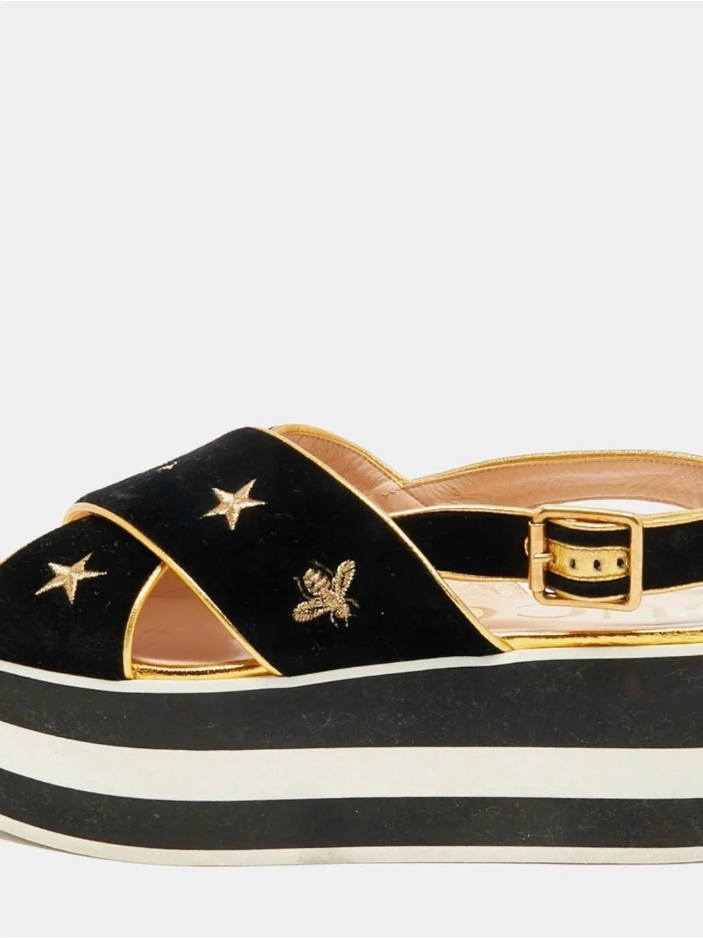 Gucci Black Velvet Star & Bee Embroidered Platform Sandals